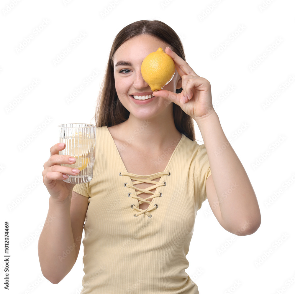 Woman with glass of lemon water and fruit on white background Woman with glass of lemon water and fruit on white background