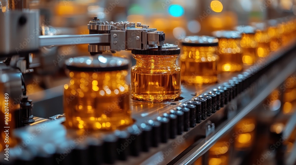 Close-up of a glass jars filled with amber liquid moving on a factory assembly line. Close-up of a glass jars filled with amber liquid moving on a factory assembly line.