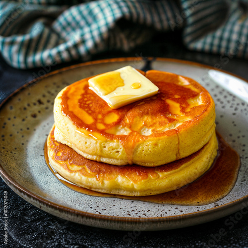 Two small round homemade pancakes covered in maple syrup and butter on a plate photo