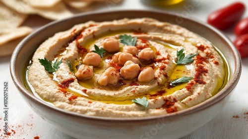 Bowl of fresh homemade hummus with a drizzle of olive oil and a sprinkle of paprika isolated on a white background