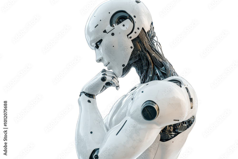 Thoughtful cyborg man of the future on a transparent background Thoughtful cyborg man of the future on a transparent background
