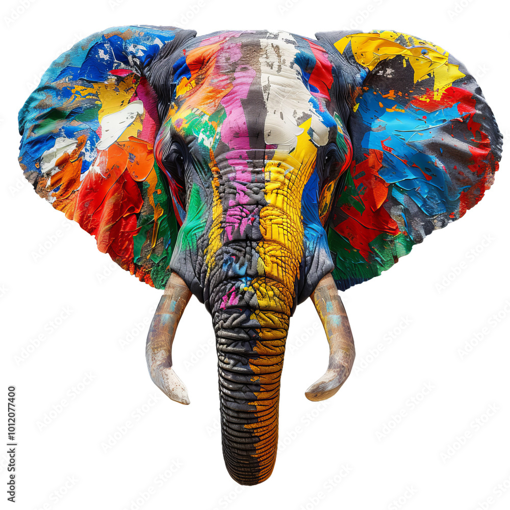 Obraz premium Majestic elephant with colorful holi paint splattered on its face, isolated on a white background