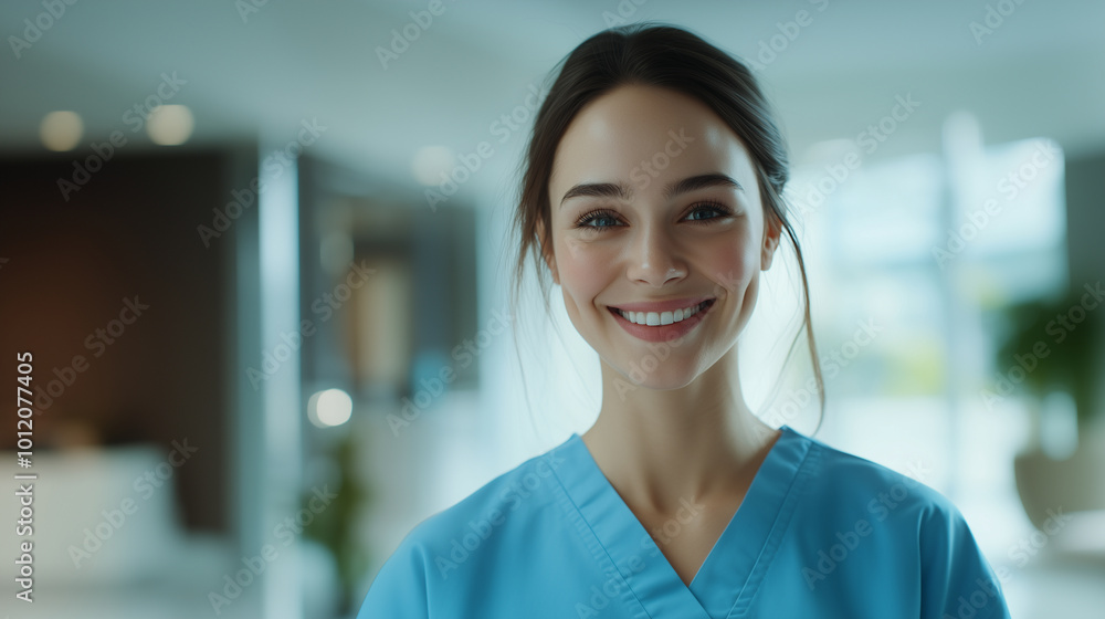 Captured in a close-up shot, a confident and cheerful woman in blue scrubs beams with a warm smile. The background hints at a modern hospital, creating an inviting ambiance for pat Captured in a close-up shot, a confident and cheerful woman in blue scrubs beams with a warm smile. The background hints at a modern hospital, creating an inviting ambiance for pat