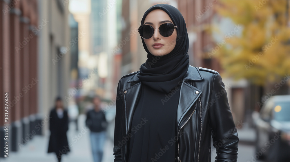 A modern Muslim woman in a chic hijab, paired with a sleek leather jacket over a flowing black abaya, strolls confidently down a bustling city street. Her stylish sunglasses and tr A modern Muslim woman in a chic hijab, paired with a sleek leather jacket over a flowing black abaya, strolls confidently down a bustling city street. Her stylish sunglasses and tr