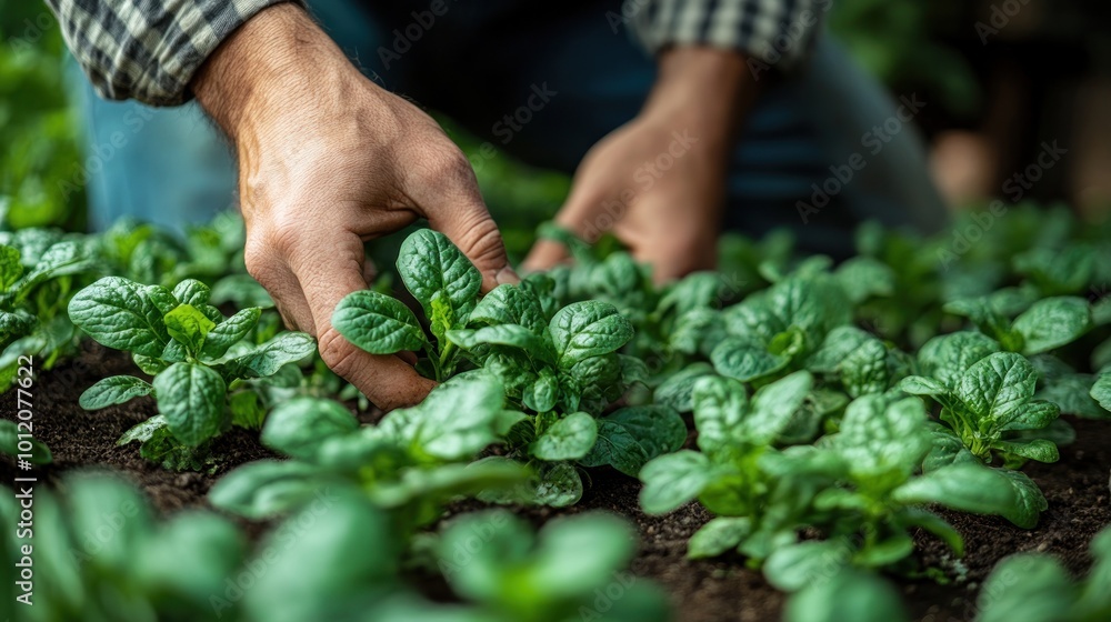 A close-up of a farmer's hands tending to a row of spinach plants in a garden. A close-up of a farmer's hands tending to a row of spinach plants in a garden.