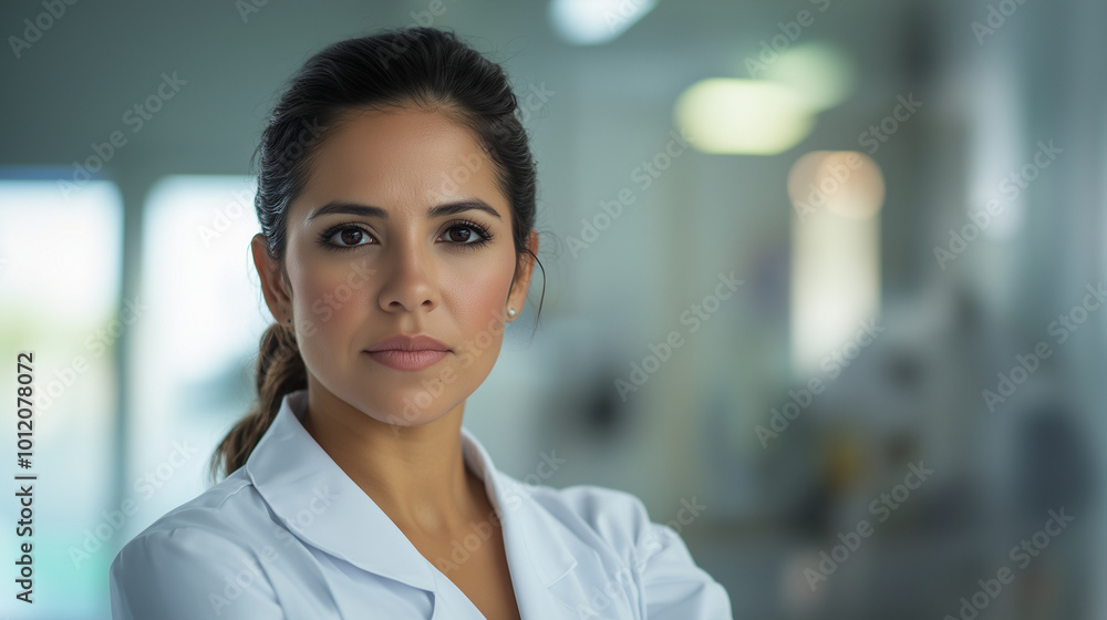 Create a close-up portrait of a Hispanic nurse looking at the camera, showcasing her determination and expertise. Emphasize the details of her uniform and any medical equipment in Create a close-up portrait of a Hispanic nurse looking at the camera, showcasing her determination and expertise. Emphasize the details of her uniform and any medical equipment in
