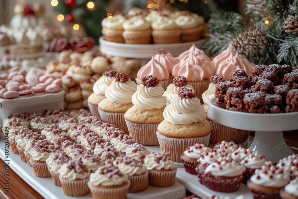 A festive dessert table with cupcakes, cookies, and other treats. A festive dessert table with cupcakes, cookies, and other treats.