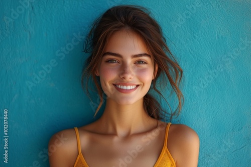 Minimal portrait of cheerful young woman with genuine smile looking at camera against blue wall, copy space, Generative AI