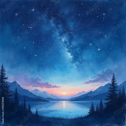 dark night sky, milky way galaxy, mountain lake, pine trees silhouette, colorful sunset sky