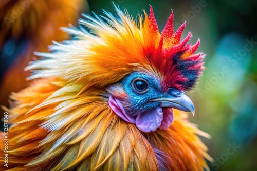 Detailed close-up of a Silkie hen showcasing its unique fluffy feathers and distinctive appearance