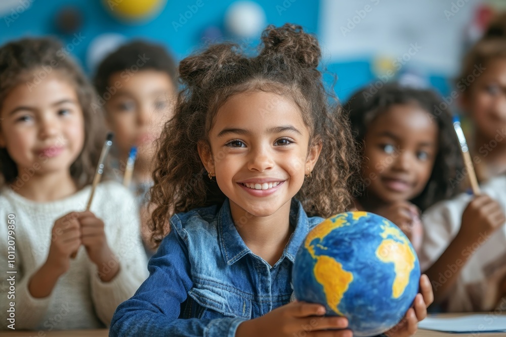 Portrait of multi-ethnic group of children holding brushes and painting planet model while enjoying art and craft lesson in school or development center, copy, Generative AI Portrait of multi-ethnic group of children holding brushes and painting planet model while enjoying art and craft lesson in school or development center, copy, Generative AI