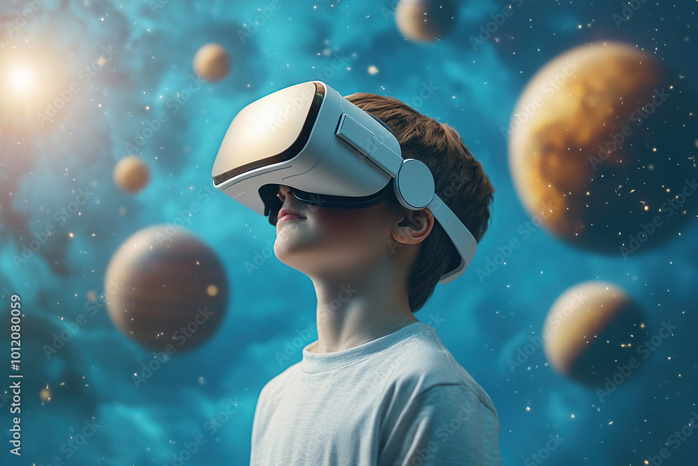 Child boy wearing virtual reality glasses and exploring digital space system with planets Child boy wearing virtual reality glasses and exploring digital space system with planets