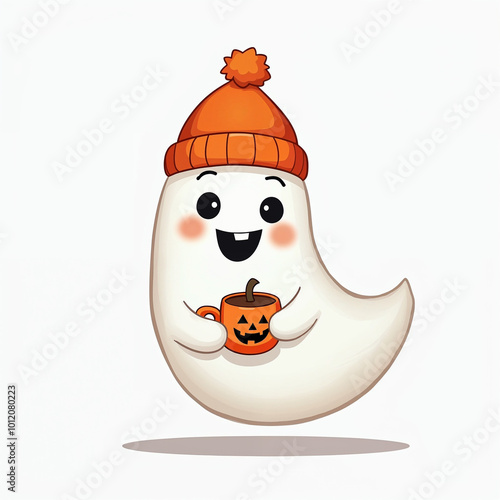 a cartoon character, a ghost with a smiling face, wearing an orange hat, holding a small pumpkin bucket