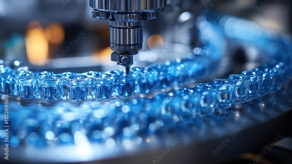 Close-up of a robotic arm drilling holes into a line of plastic pieces on a conveyor belt. Close-up of a robotic arm drilling holes into a line of plastic pieces on a conveyor belt.