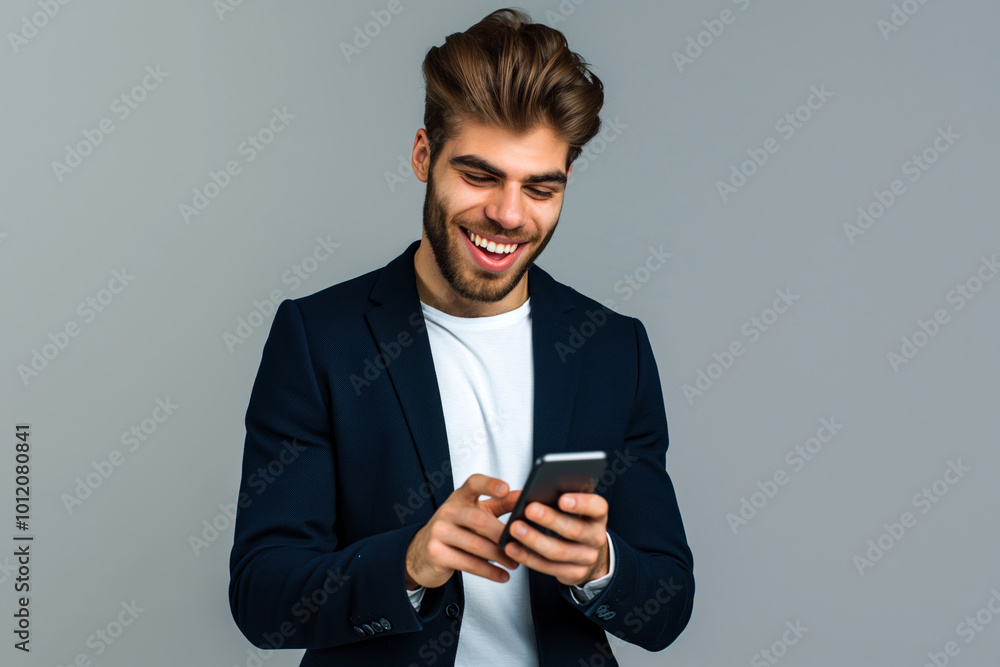 Young Man in Navy Suit Smiling While Using Smartphone Technology, communication, business, success. Young Man in Navy Suit Smiling While Using Smartphone Technology, communication, business, success.