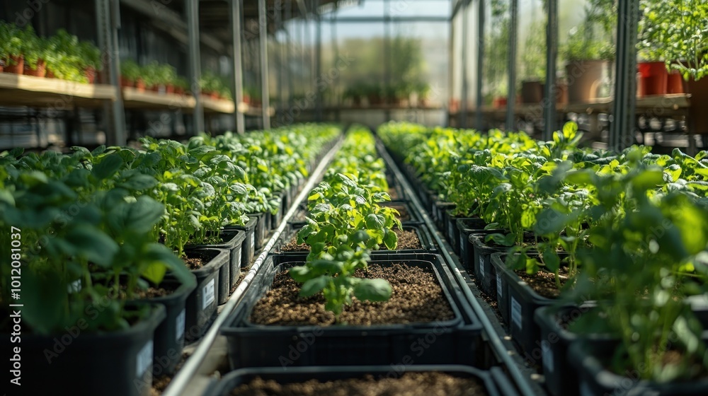 Rows of young green plants growing in a greenhouse, with rows of potted plants in the background. Rows of young green plants growing in a greenhouse, with rows of potted plants in the background.