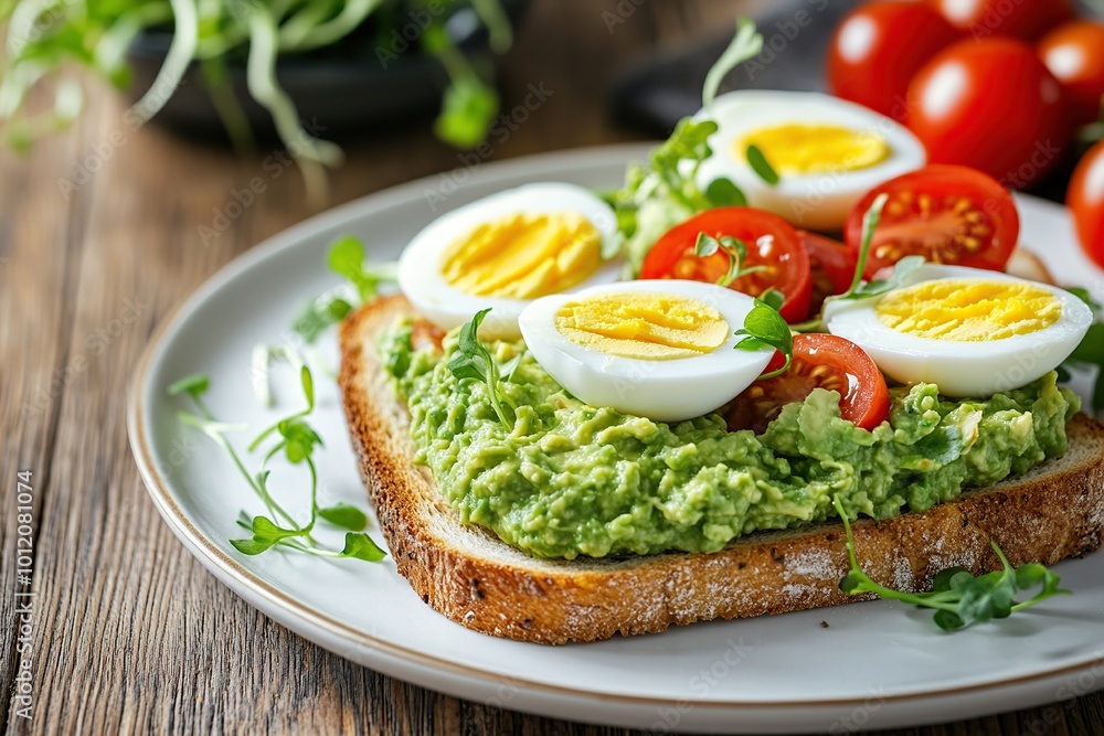 Delicious toast bread with avocado, boiled egg, tomatoes and microgreen Delicious toast bread with avocado, boiled egg, tomatoes and microgreen