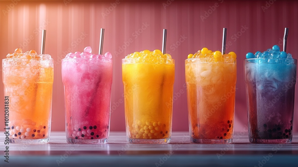 Five colorful bubble tea drinks with boba pearls and straws, arranged in a row on a white counter. Five colorful bubble tea drinks with boba pearls and straws, arranged in a row on a white counter.