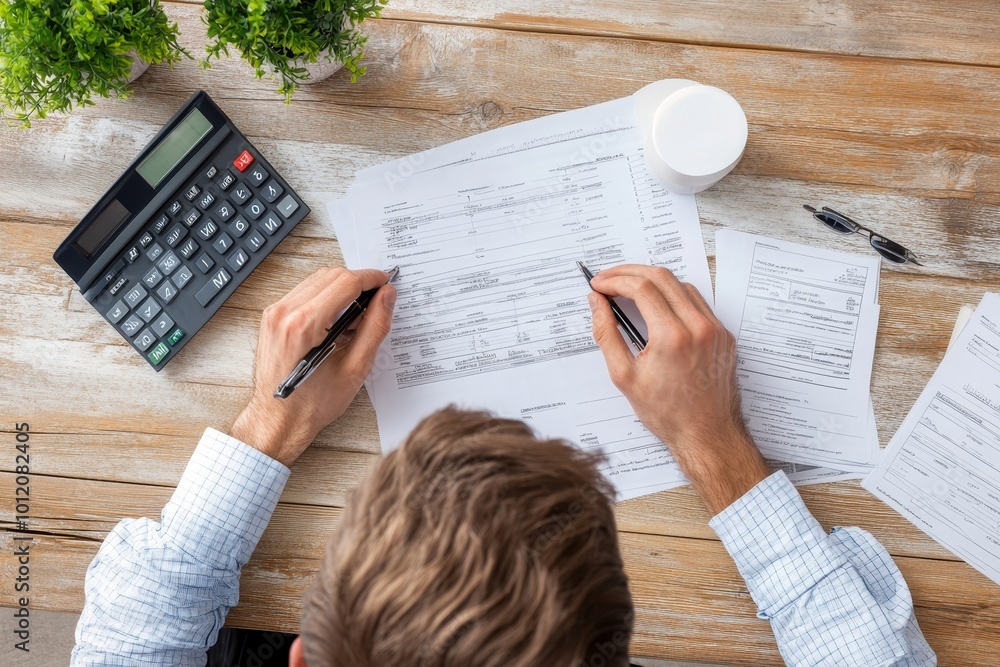 Naklejka premium Accountant calculating tax at desk, Generative AI