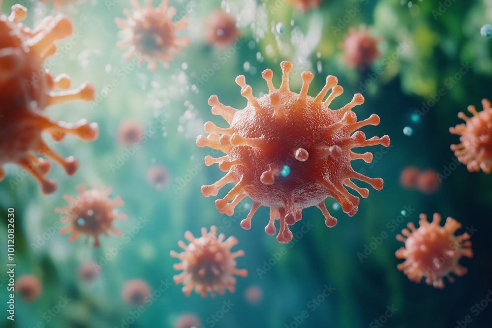 Fototapeta premium A close-up view of coronavirus particles in a vibrant environment highlighting the ongoing contagious outbreak