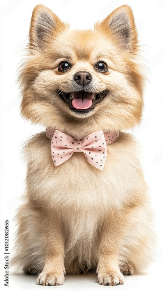 Obraz premium Vertical full shot of happy cream pomeranian dog wearing cute pink collar bow with glittering stars sitting isolated on white background in studio, copy, Generative AI