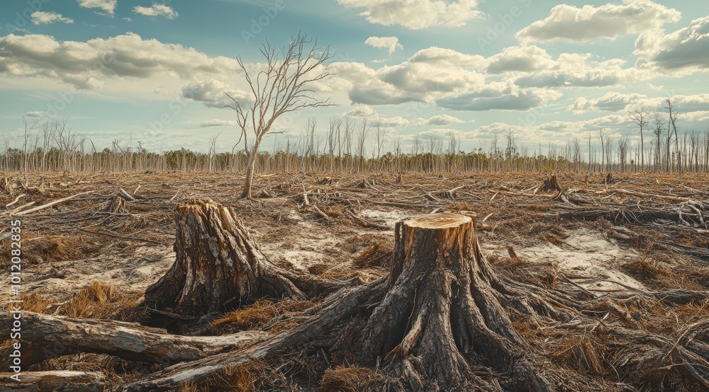 The aftermath of logging: broken branches, torn-up soil, stumps, and uprooted trees scattered across a barren landscape that once was a dense forest The aftermath of logging: broken branches, torn-up soil, stumps, and uprooted trees scattered across a barren landscape that once was a dense forest