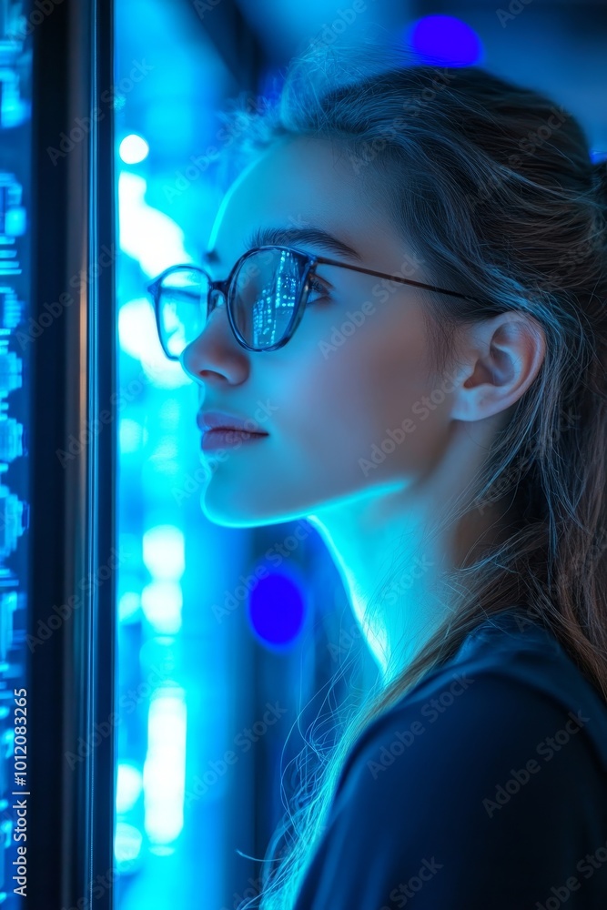 Vertical side view portrait of female IT engineer using computer while working in server room lit by blue light, copy space, Generative AI Vertical side view portrait of female IT engineer using computer while working in server room lit by blue light, copy space, Generative AI