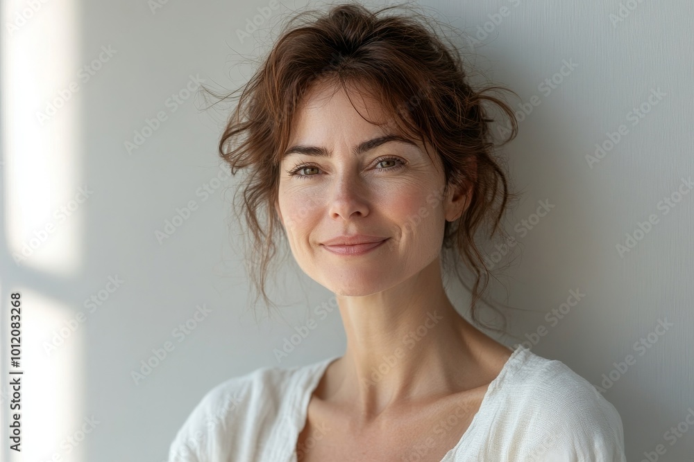 Minimal portrait of elegant mature woman lit by sunlight against white wall and smiling, copy space, Generative AI Minimal portrait of elegant mature woman lit by sunlight against white wall and smiling, copy space, Generative AI