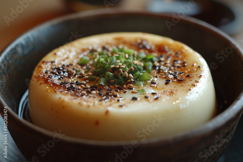 Enjoying fluffy Gyeran-jjim, a traditional Korean steamed egg dish, garnished with sesame and green onion, served in a cozy Korean restaurant photo