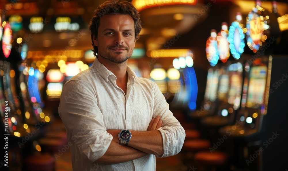 A man stands in a casino environment with gambling elements and a sense of risk. Ai illustration, Generative AI A man stands in a casino environment with gambling elements and a sense of risk. Ai illustration, Generative AI