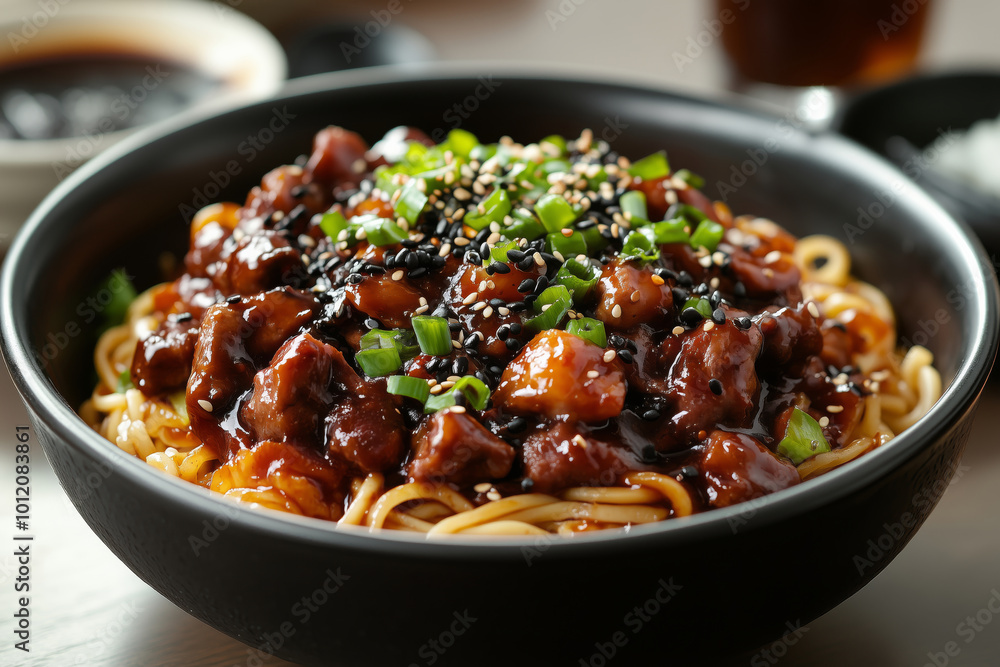 Delight in a savory bowl of jjajangmyeon noodles, artfully topped with rich black bean sauce and fresh green onions at a cozy eatery Delight in a savory bowl of jjajangmyeon noodles, artfully topped with rich black bean sauce and fresh green onions at a cozy eatery