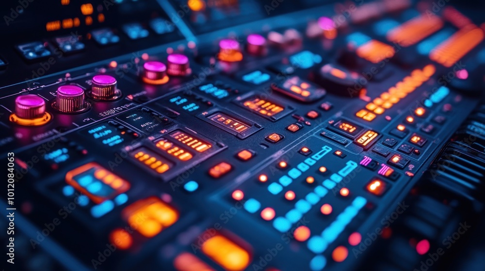 Close-up of a synthesizer with glowing buttons and knobs. Close-up of a synthesizer with glowing buttons and knobs.