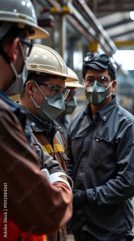 Team workers wear protective face masks for safety industrial factory worker meeting before start working in factory or warehouse managing risk Team workers wear protective face masks for safety industrial factory worker meeting before start working in factory or warehouse managing risk