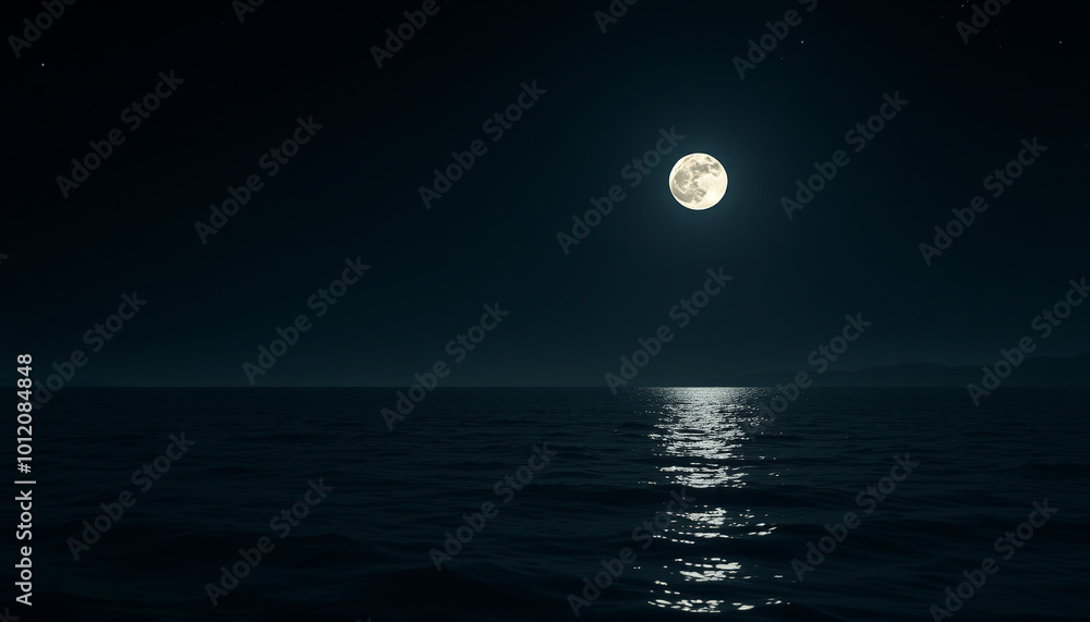 A quiet night scene featuring a glowing moon over a calm sea, stars sparkling above, and distant mountains creating a serene atmosphere. A quiet night scene featuring a glowing moon over a calm sea, stars sparkling above, and distant mountains creating a serene atmosphere.