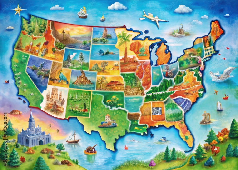 Detailed Graphic Map of the United States Featuring States, Capitals, and Geographic Landmarks Detailed Graphic Map of the United States Featuring States, Capitals, and Geographic Landmarks