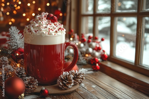 A red mug filled with a creamy, festive drink sits on a rustic wooden windowsill, adorned with Christmas decorations and a snowy winter scene outside.