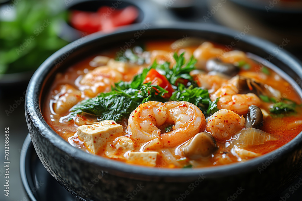 Delight in a steaming bowl of sundubu-jjigae crafted with fresh seafood and vibrant vegetables on a cozy evening Delight in a steaming bowl of sundubu-jjigae crafted with fresh seafood and vibrant vegetables on a cozy evening