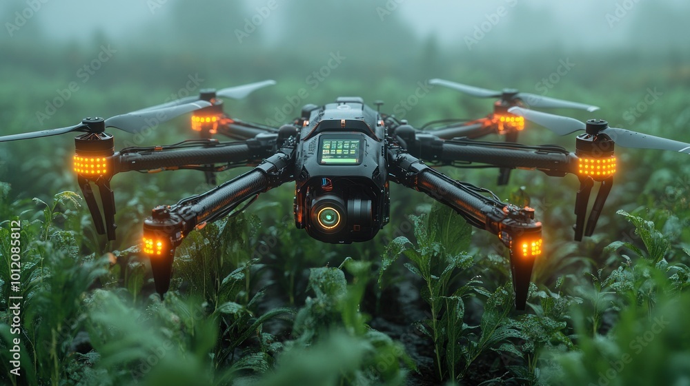 A black drone with orange lights hovers over a field of green plants in a foggy environment. A black drone with orange lights hovers over a field of green plants in a foggy environment.