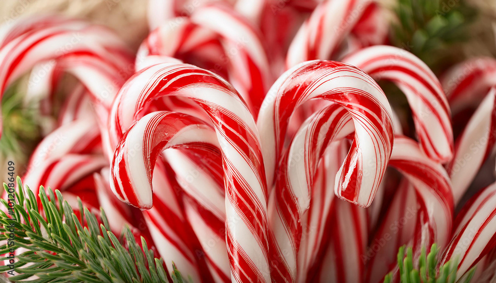 Fototapeta premium Candy canes, Christmas decoration on blurred background. Winter holiday season.