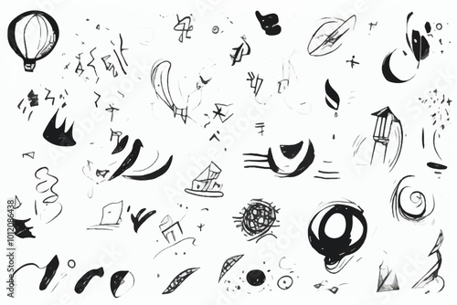 Hand-drawn doodles showcasing an eclectic mix of sketches, each element floating independently against a stark white background, expressive lines, casual imperfections, high contrast, pen and ink