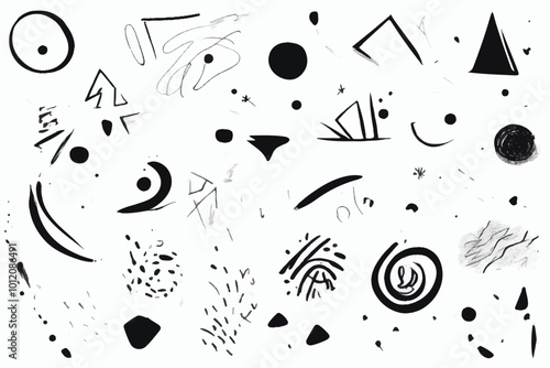 Hand-drawn doodles showcasing an eclectic mix of sketches, each element floating independently against a stark white background, expressive lines, casual imperfections, high contrast, pen and ink