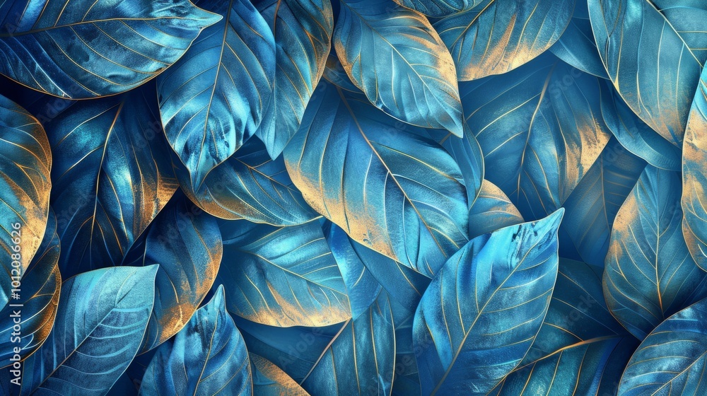 Enchanting Blue and Gold Leaf Pattern Intricate Closeup of Abstract Elegance Enchanting Blue and Gold Leaf Pattern Intricate Closeup of Abstract Elegance