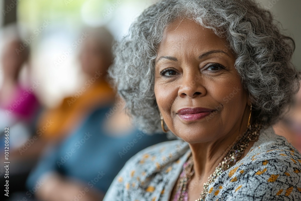 Portrait of senior black woman sitting in circle at mental health support group in retirement home, Generative AI Portrait of senior black woman sitting in circle at mental health support group in retirement home, Generative AI