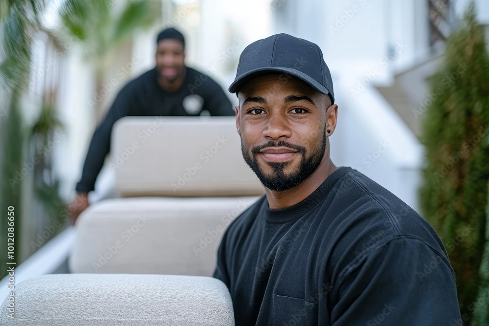 Two Male Movers Carrying Sofa On Staircase, Generative AI Two Male Movers Carrying Sofa On Staircase, Generative AI