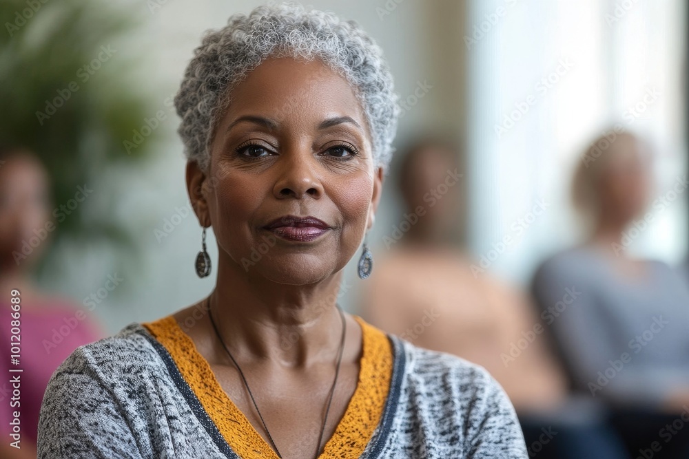 Portrait of senior black woman sitting in circle at mental health support group in retirement home, Generative AI Portrait of senior black woman sitting in circle at mental health support group in retirement home, Generative AI