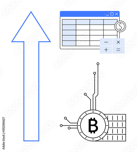 Large upward arrow with blue outline next to a financial spreadsheet. Calculation symbols and a digital Bitcoin coin with circuits. Ideal for cryptocurrency, finance, growth, technology, investment