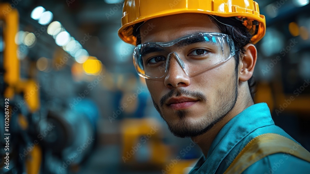 Portrait of a young male worker in a factory wearing safety glasses and a yellow hard hat, looking directly at the camera. Portrait of a young male worker in a factory wearing safety glasses and a yellow hard hat, looking directly at the camera.