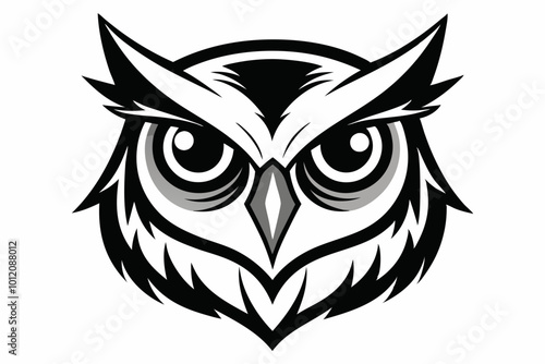 Minimalistic vector of an owl face with bold, clean lines. The owl features large expressive eyes, sharp pointed ears, and a symmetrical, stylized design. owl head silhouette vector illustration