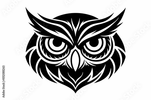 Minimalistic vector of an owl face with bold, clean lines. The owl features large expressive eyes, sharp pointed ears, and a symmetrical, stylized design. owl head silhouette vector illustration