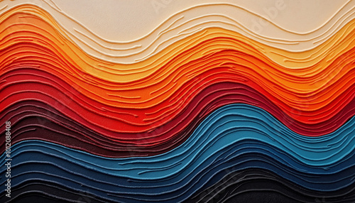 Colorful abstract wavy lines in shades of blue, orange, and red